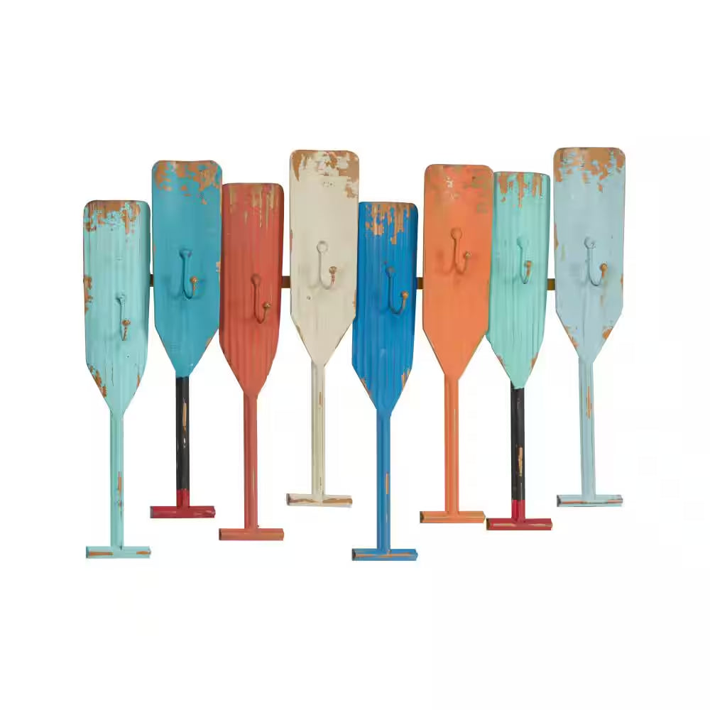 Multi Colored Indoor Outdoor Distressed Oar Shaped 8 Hanger Paddle Wall Hook