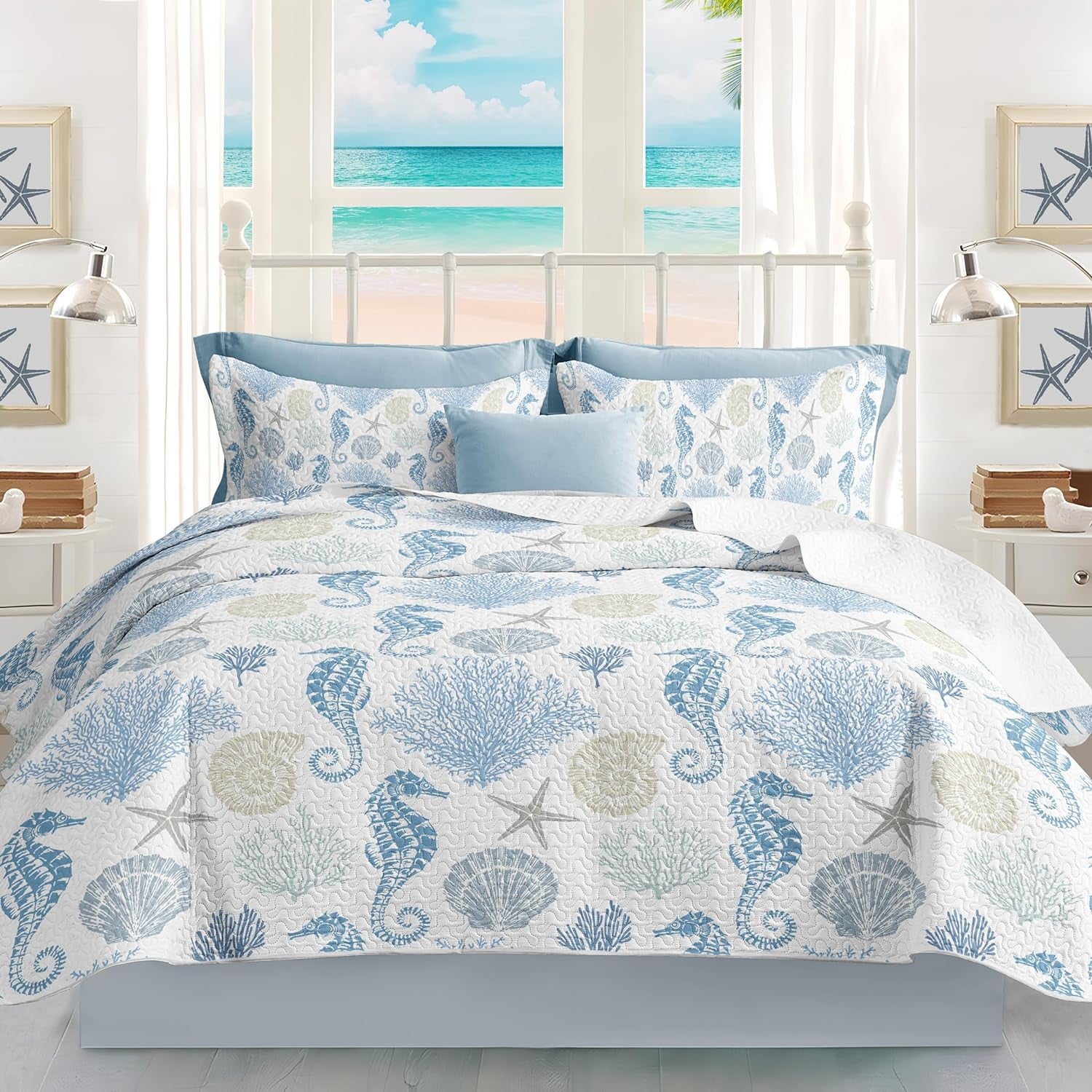 Coastal Bedding Quilt Queen Size W/ 2 Shams Nautical Beach Bedspreads Light Blue