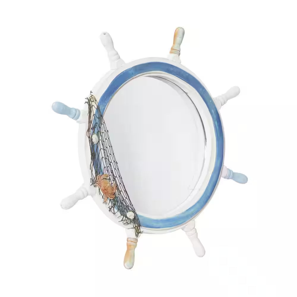 Ship Wheel round Framed White Sail Boat Wall Mirror with Netting Accent - 25 In. X 25 In.
