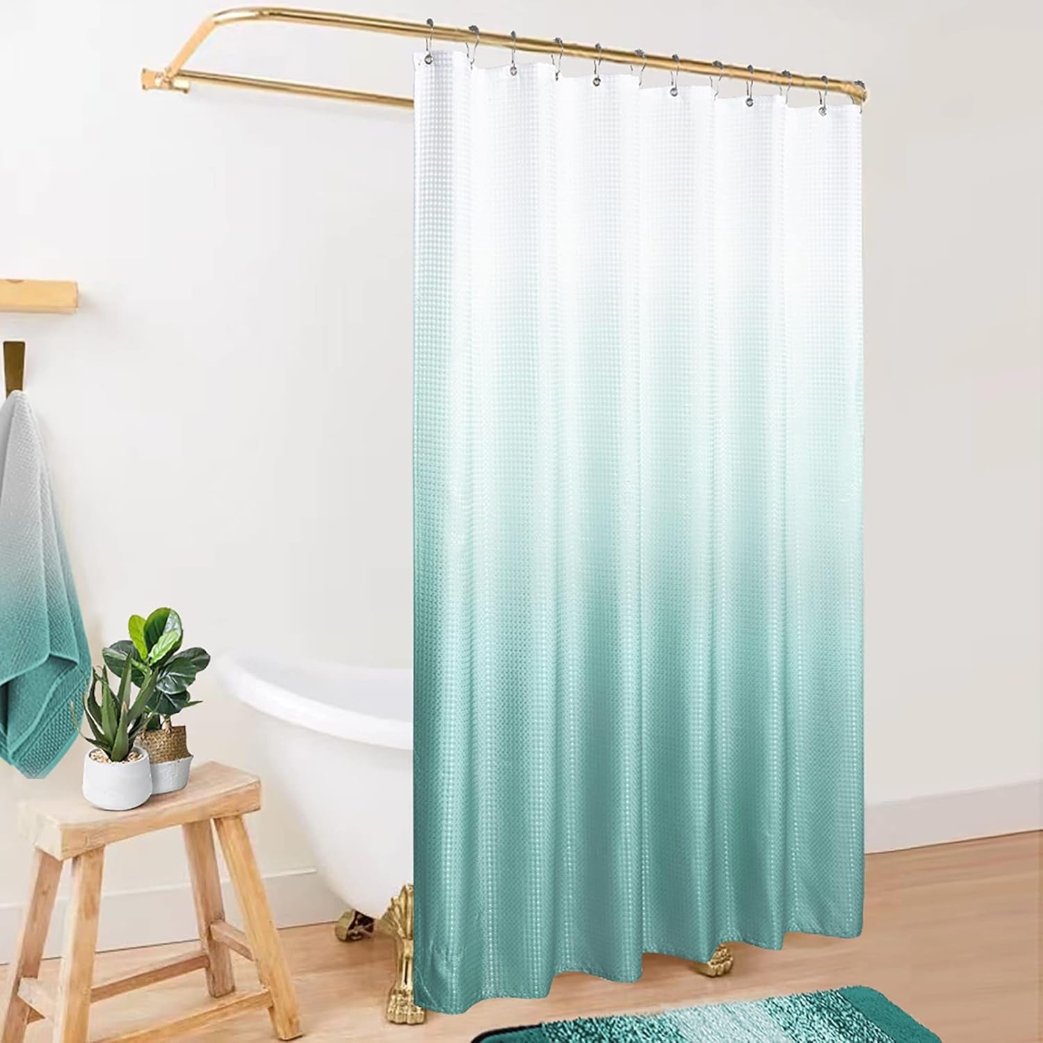Aqua Shower Curtain,Coastal Theme Washable Fabric Cloth Beach Shower Curtain Set with Hooks for Ocean Bathroom Decor,Seafoam Sea Foam Mint Green Spa Blue