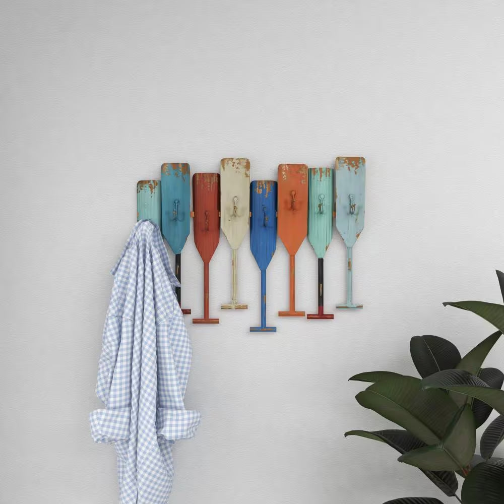Multi Colored Indoor Outdoor Distressed Oar Shaped 8 Hanger Paddle Wall Hook