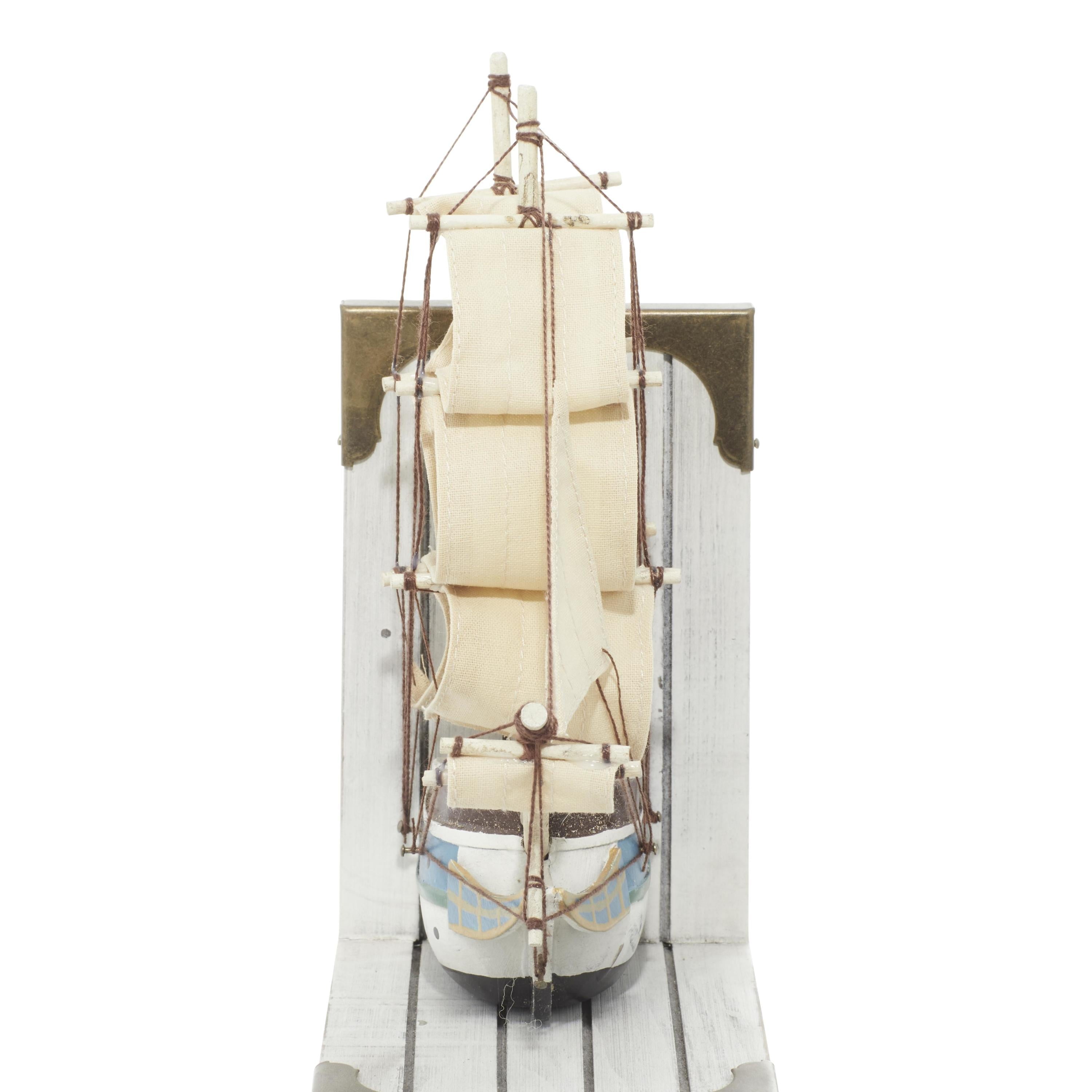 6" Sail Boat White Wood Bookends with Real Boat Rigging and Gold Corners (Set of 2)