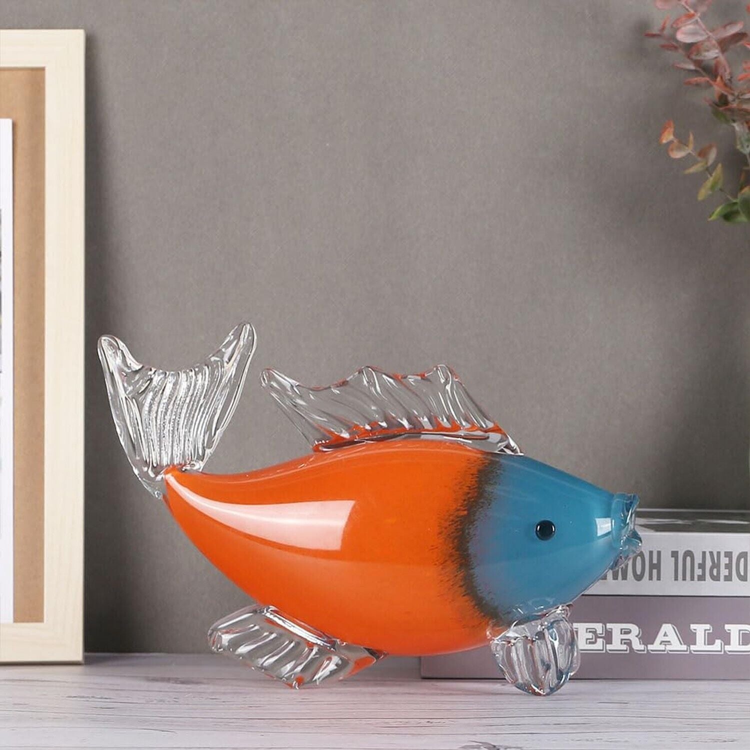 Handcrafted Glass Fish Sculpture - Transparent with Blue and Orange Accents 