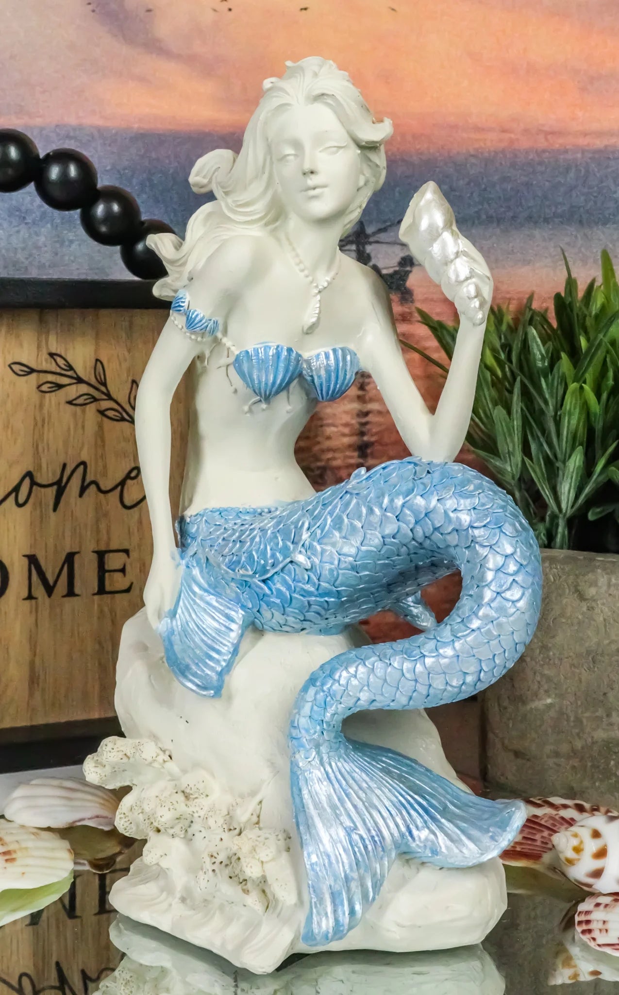 Ocean Goddess Pretty Mermaid with Blue Tail Holding Conch 8"Tall Figurine
