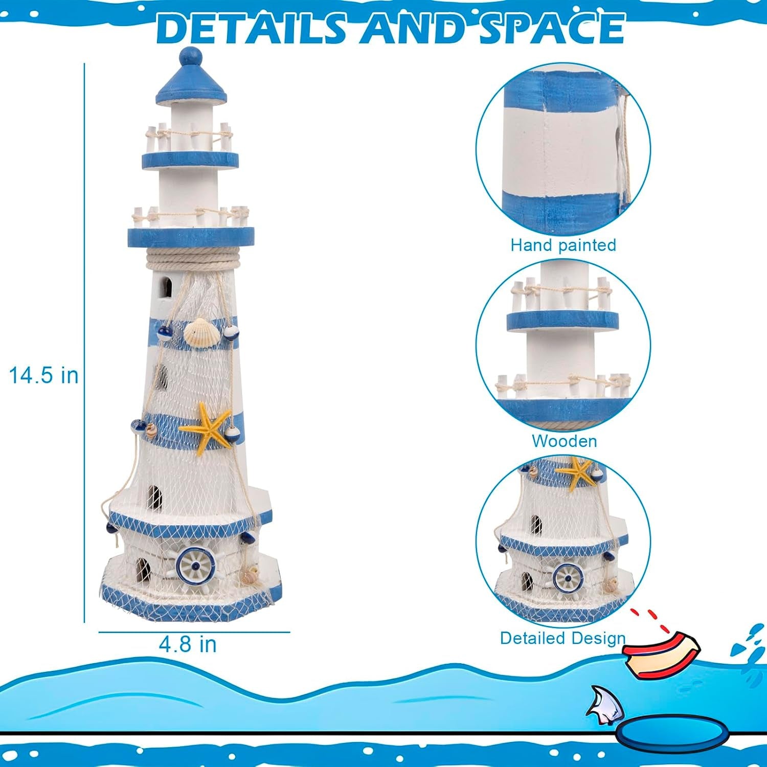 Nautical Ocean Lighthouse Decor for Home - 15.0" Nautical Lighthouse Decor, Mediterranean Sea Beach Style Watchtower, Outdoor Wooden Nautical Tower 