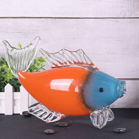 Handcrafted Glass Fish Sculpture - Transparent with Blue and Orange Accents 