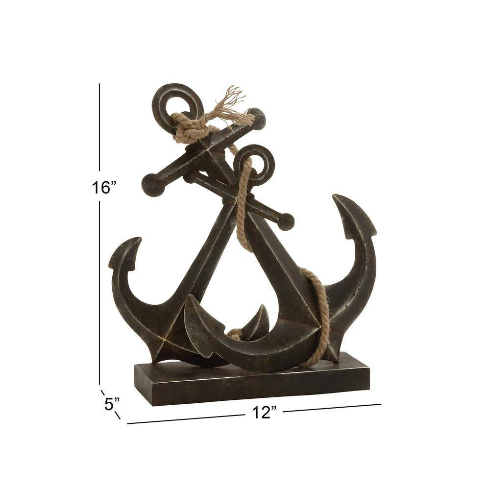 5 In. X 16 In. Black Metal Anchor Sculpture with Jute Rope Accents