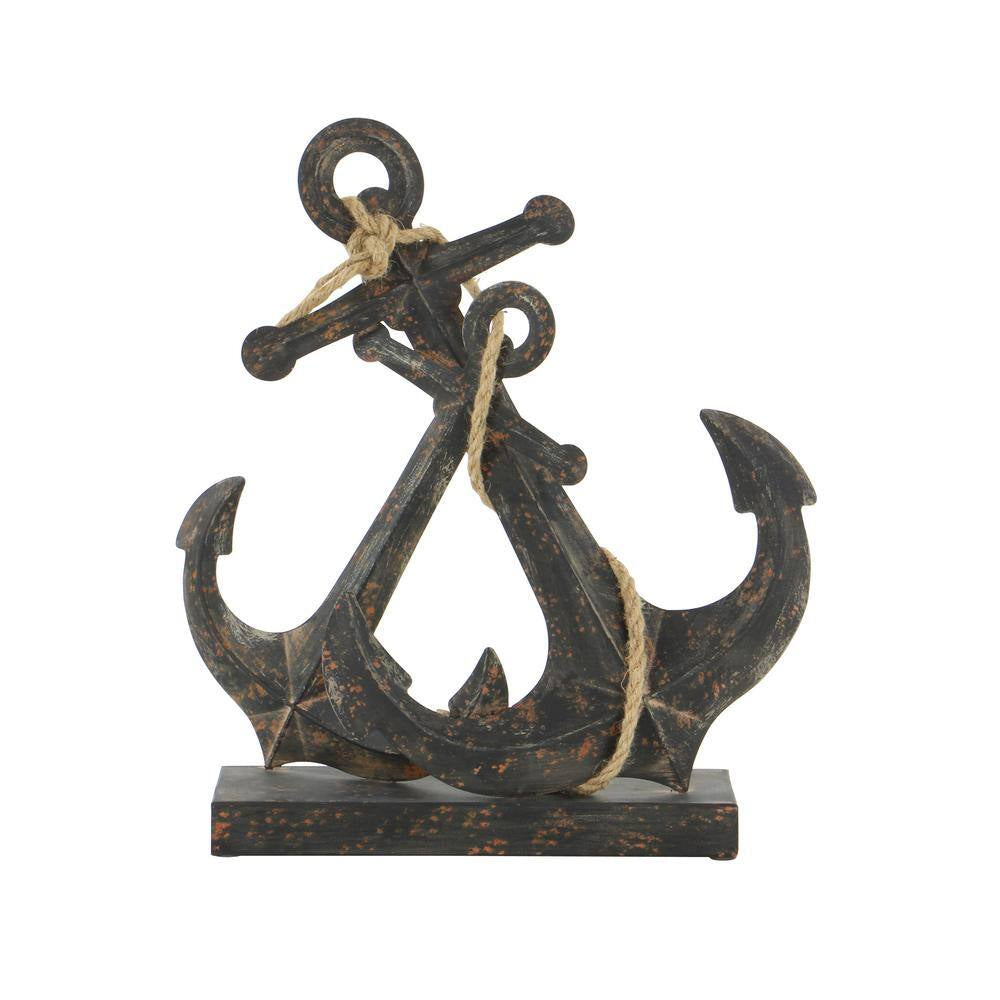 5 In. X 16 In. Black Metal Anchor Sculpture with Jute Rope Accents