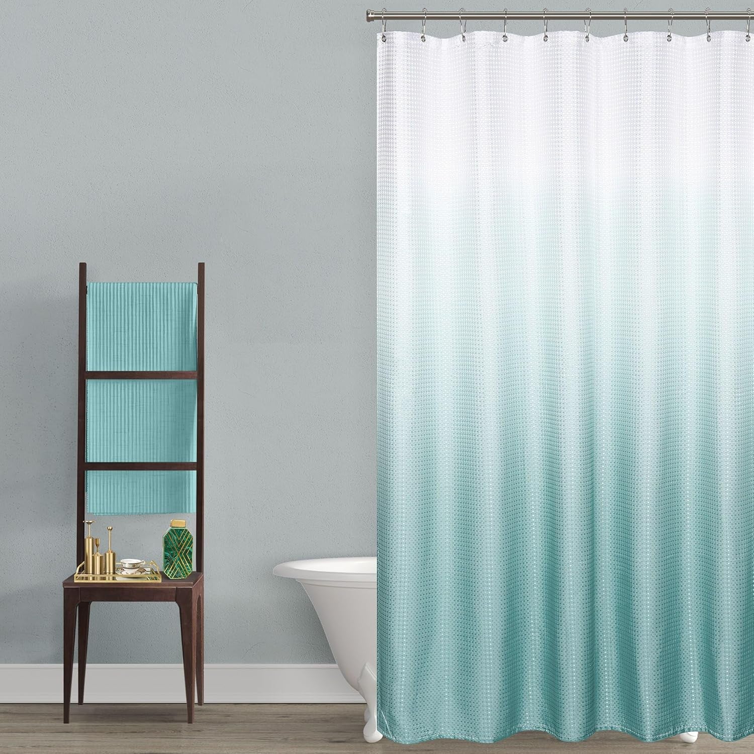 Aqua Shower Curtain,Coastal Theme Washable Fabric Cloth Beach Shower Curtain Set with Hooks for Ocean Bathroom Decor,Seafoam Sea Foam Mint Green Spa Blue