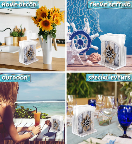 Silver Sea Nautical Wooden Napkin Holder - Table Top Centerpiece Coastal Decor for Kitchen, Home, Beach House, Rustic Decorative Napkin Holder with Boat Wheel - Color May Vary