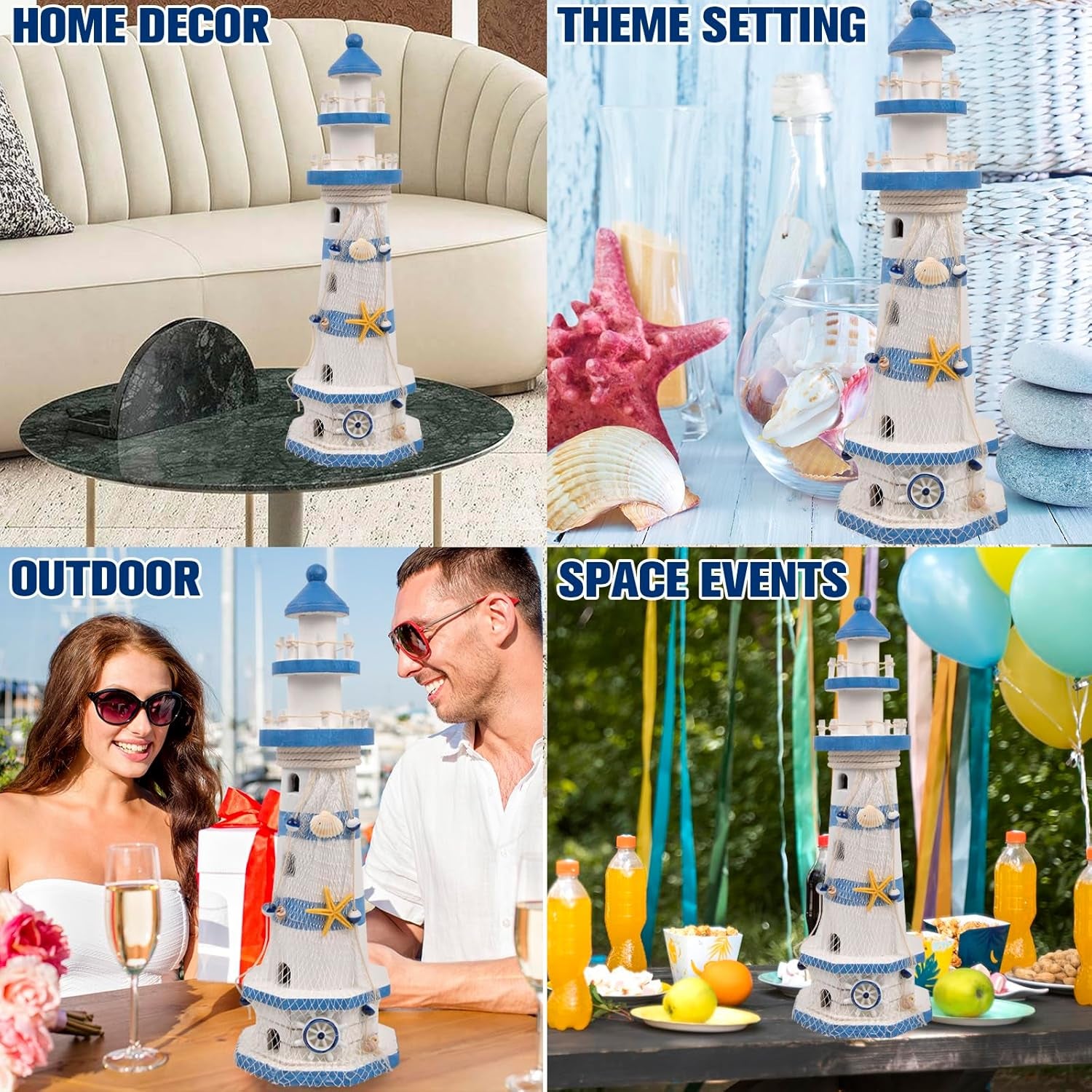 Nautical Ocean Lighthouse Decor for Home - 15.0" Nautical Lighthouse Decor, Mediterranean Sea Beach Style Watchtower, Outdoor Wooden Nautical Tower 