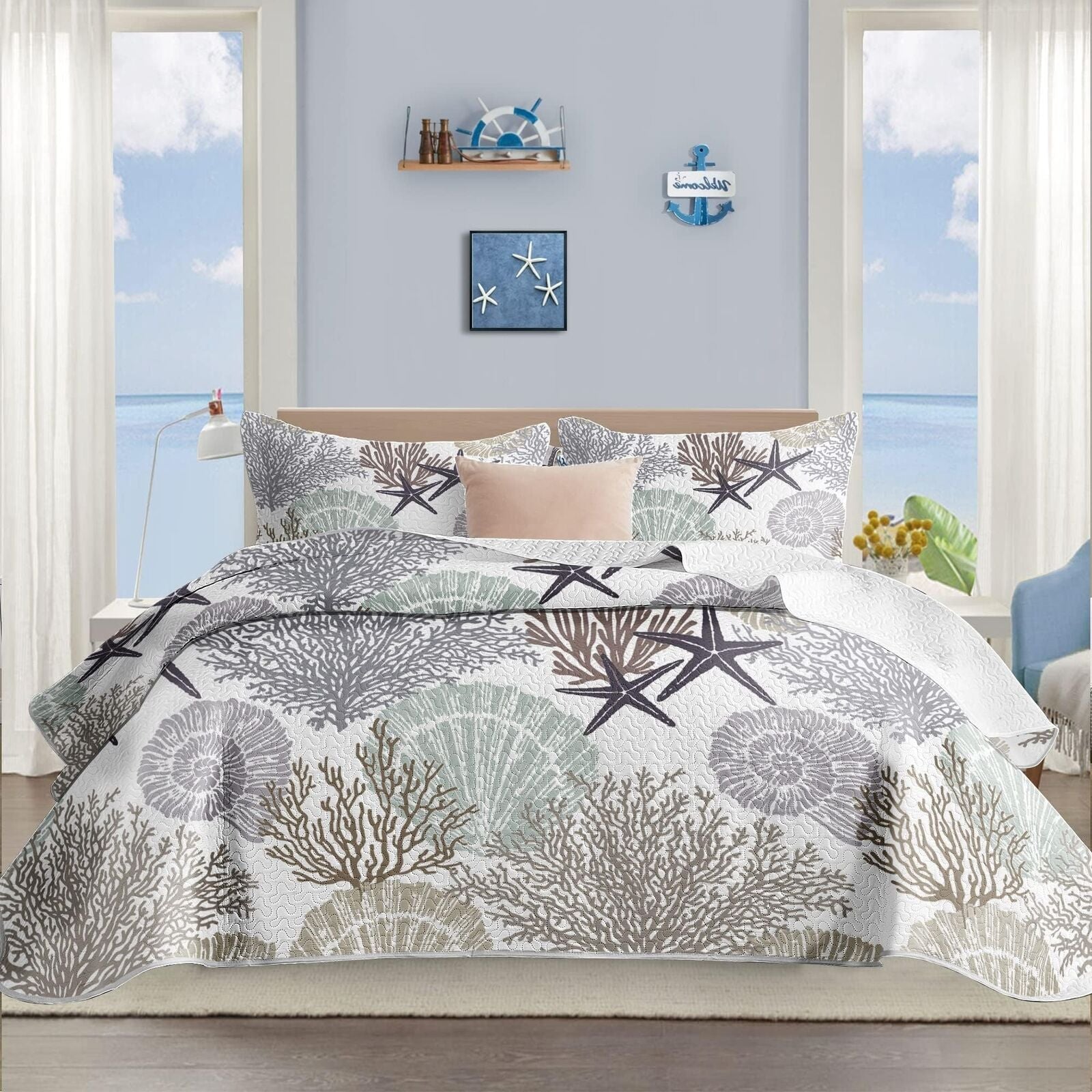 3 Piece Coastal Quilt Sets King Size - Reversible Microfiber Quilts