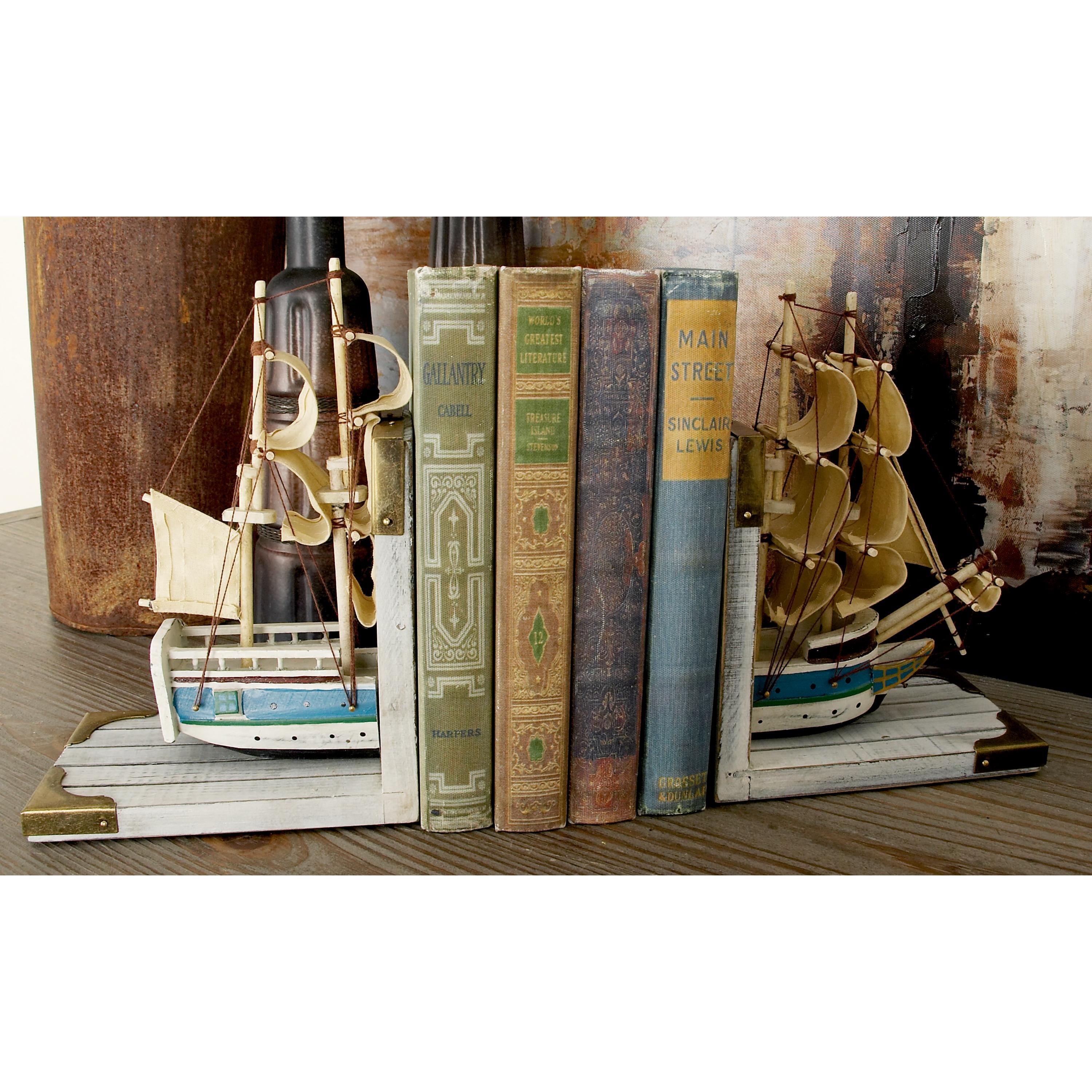 6" Sail Boat White Wood Bookends with Real Boat Rigging and Gold Corners (Set of 2)