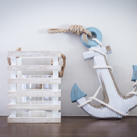 Stonebriar Indoor 8" Coastal Wood Candle Holder with Removable Glass Cylinder, Off-White