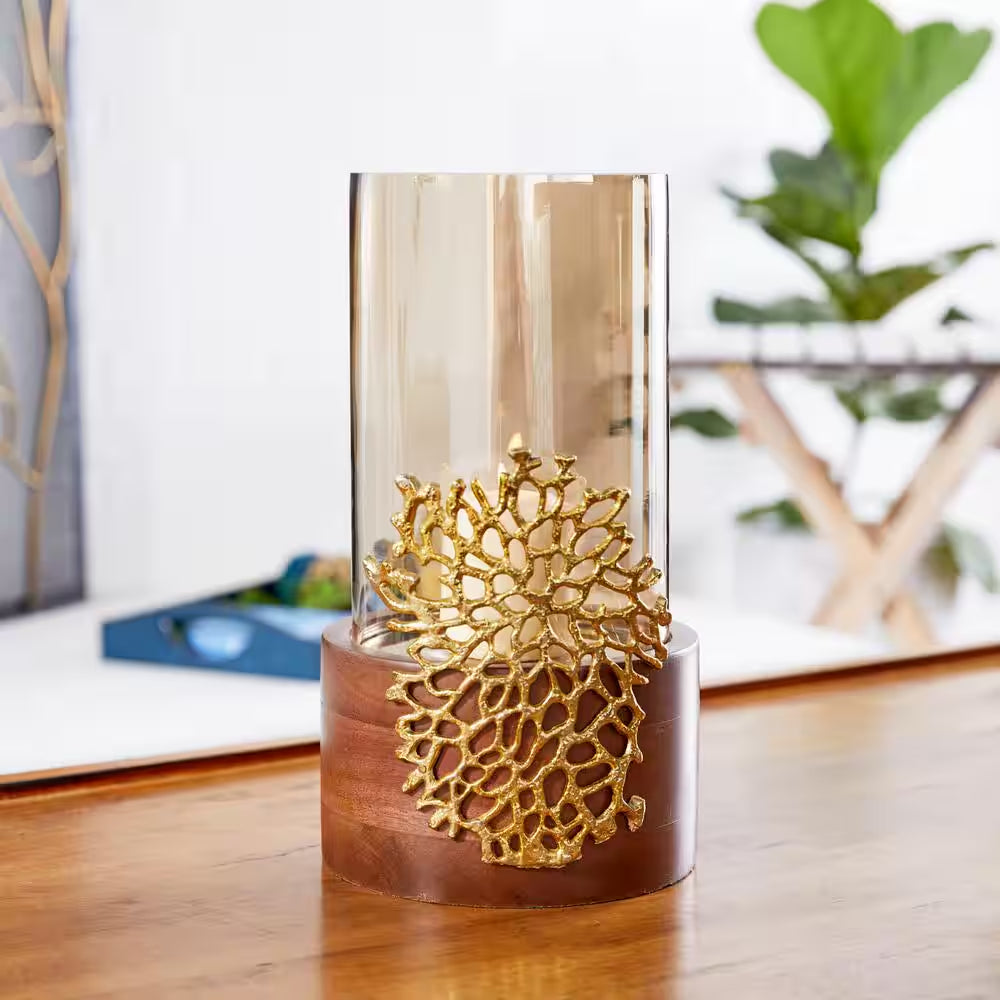 12 In. Smoked Beige Glass and Brown Mango Wood Hurricane Candle Holder with Gold Coral Accent