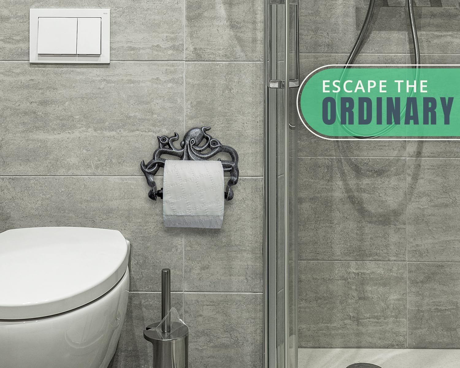 Decorative Cast Iron Octopus Toilet Paper Roll Holder – Wall Mounted Octopus Decor for Bathroom – Kraken, Nautical Bathroom Accessories – Included Screws and Anchors - Silver & Black