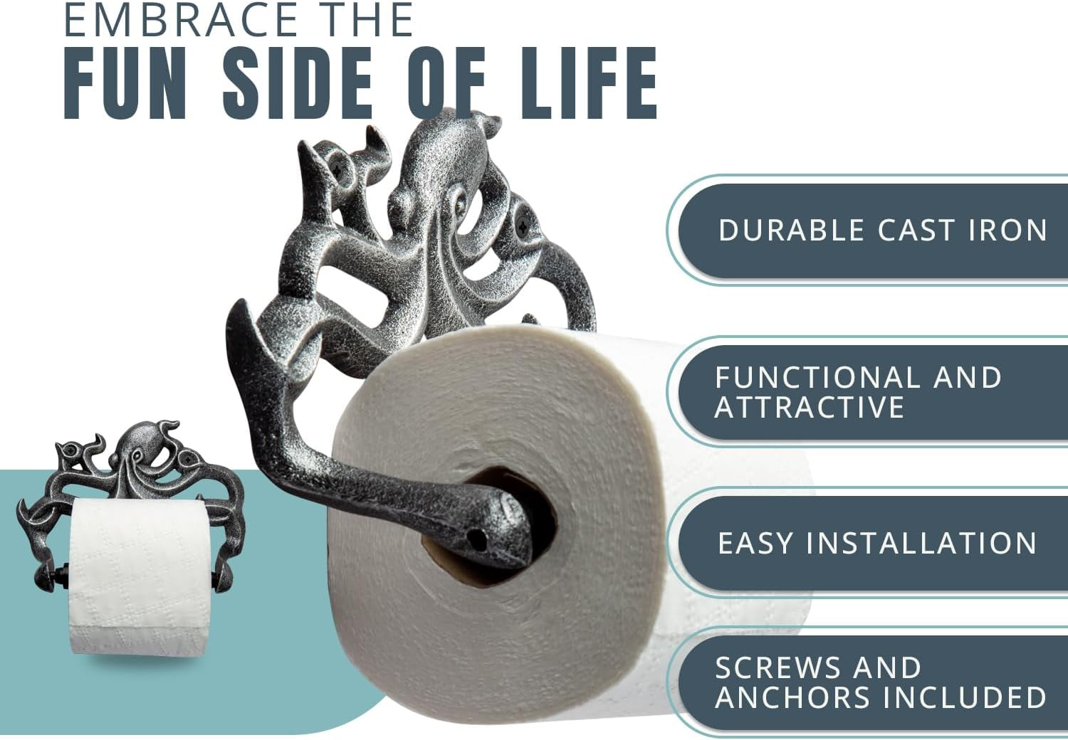 Decorative Cast Iron Octopus Toilet Paper Roll Holder – Wall Mounted Octopus Decor for Bathroom – Kraken, Nautical Bathroom Accessories – Included Screws and Anchors - Silver & Black