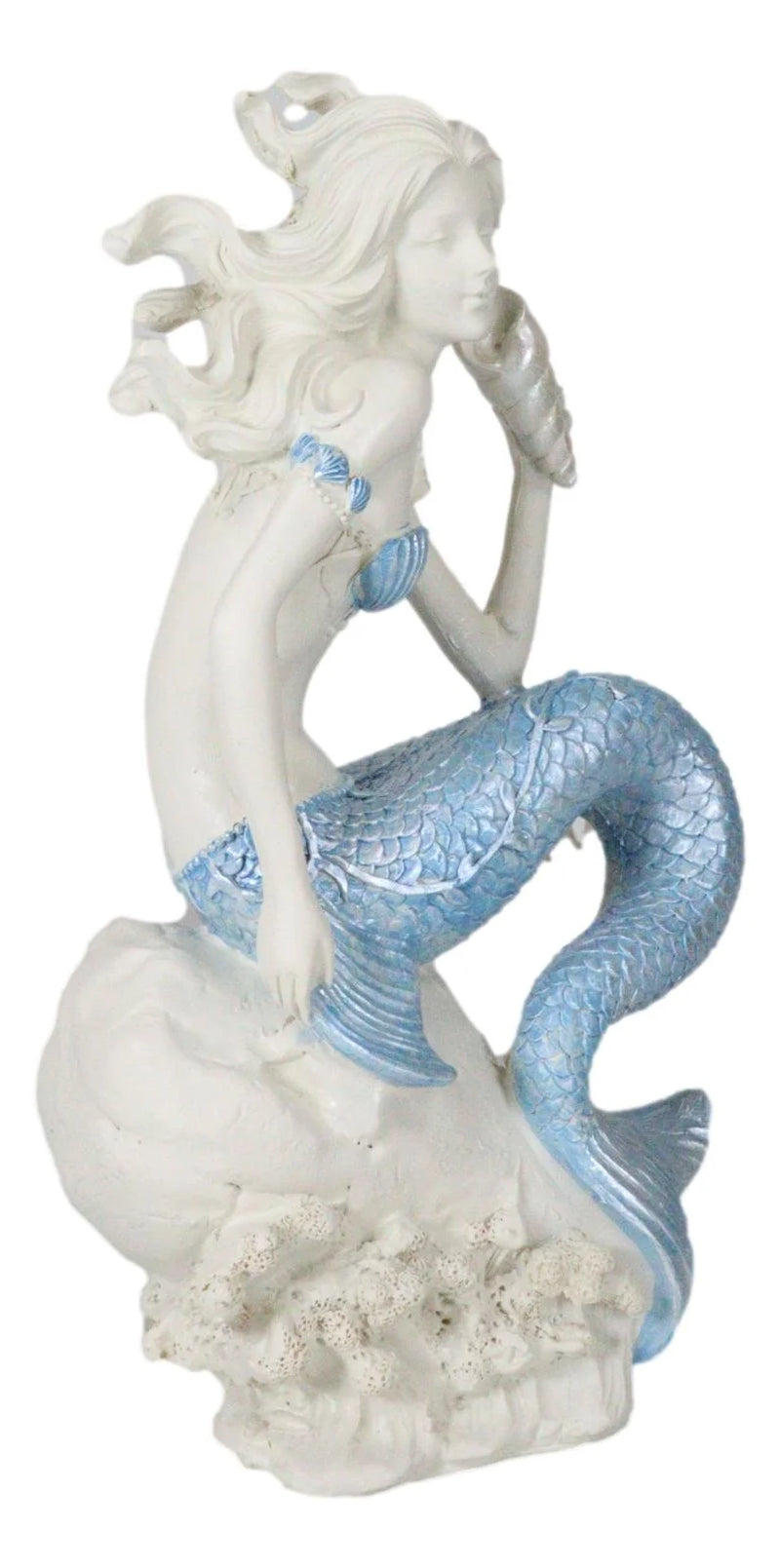 Ocean Goddess Pretty Mermaid with Blue Tail Holding Conch 8"Tall Figurine