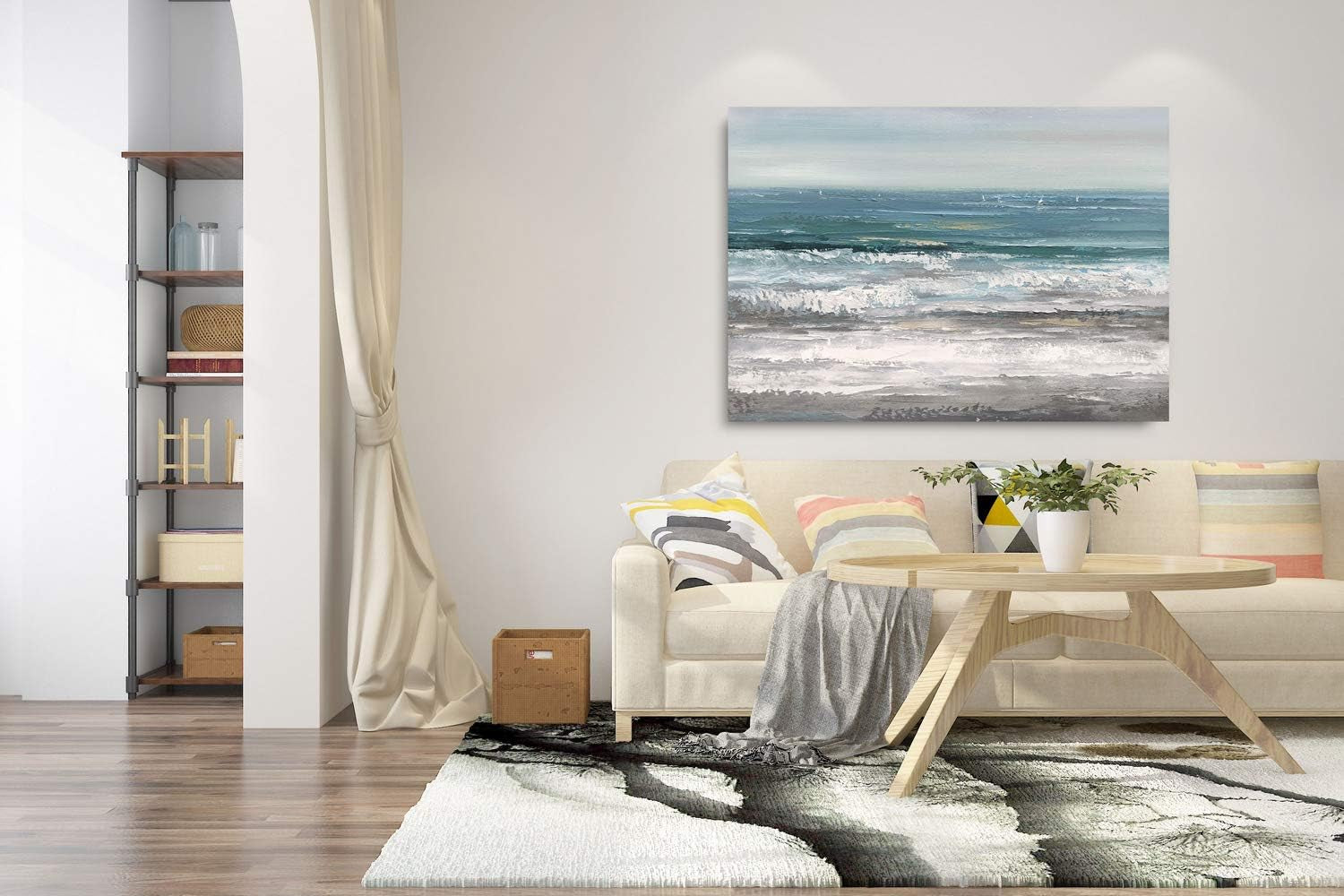Large Living Room Wall Arts Hand Painted Modern Abstract Seascape Canvas Oil Painting Ocean Beach Coastal Picture Artwork for Home Decor