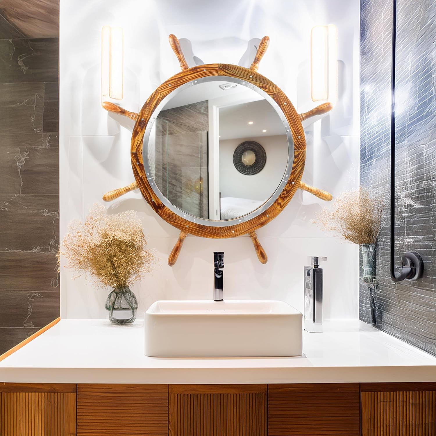 Wooden Antique Brown Torched Santorini Beautiful Nautical Sturdy Large Mirror Ship Wheel | Bathroom & Room Wall Mounted Mirrors (24 Inches)