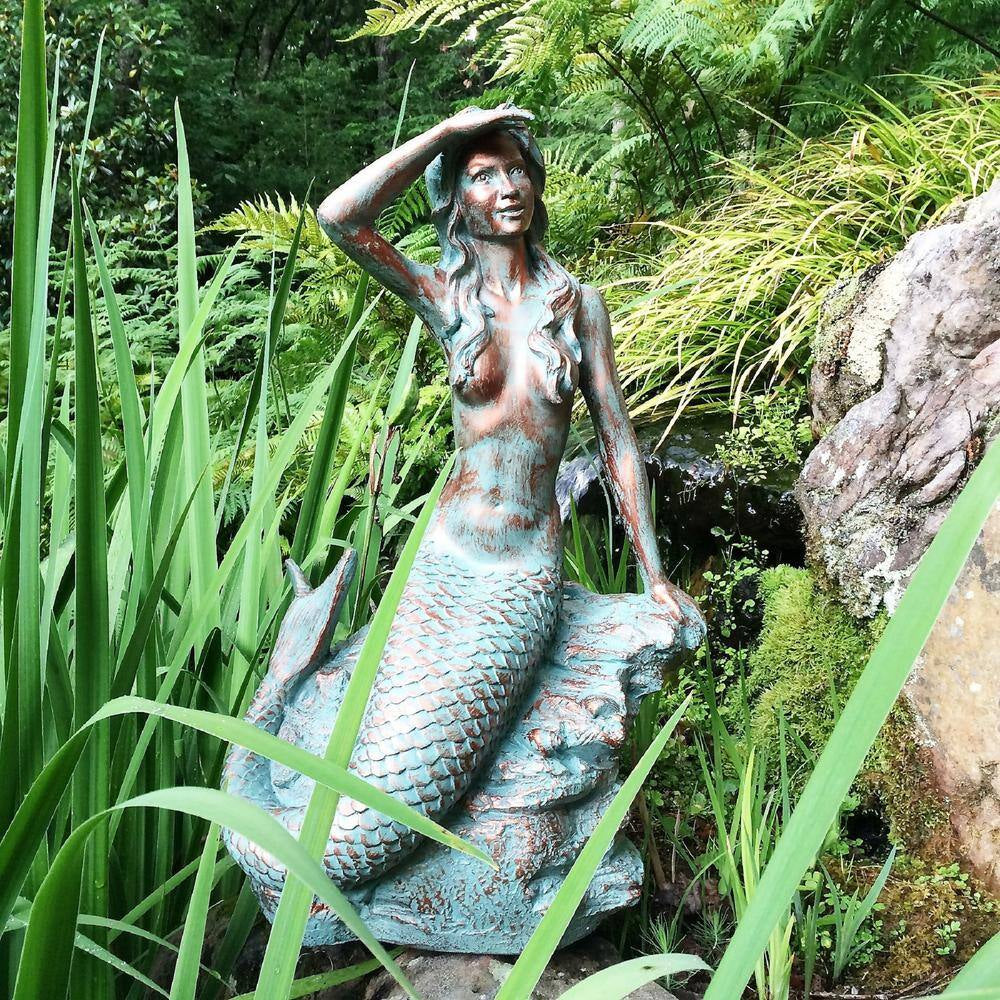 22 In. Classic Mermaid Bronze Patina Sitting on Coastal Rock Beach Collectible Statue