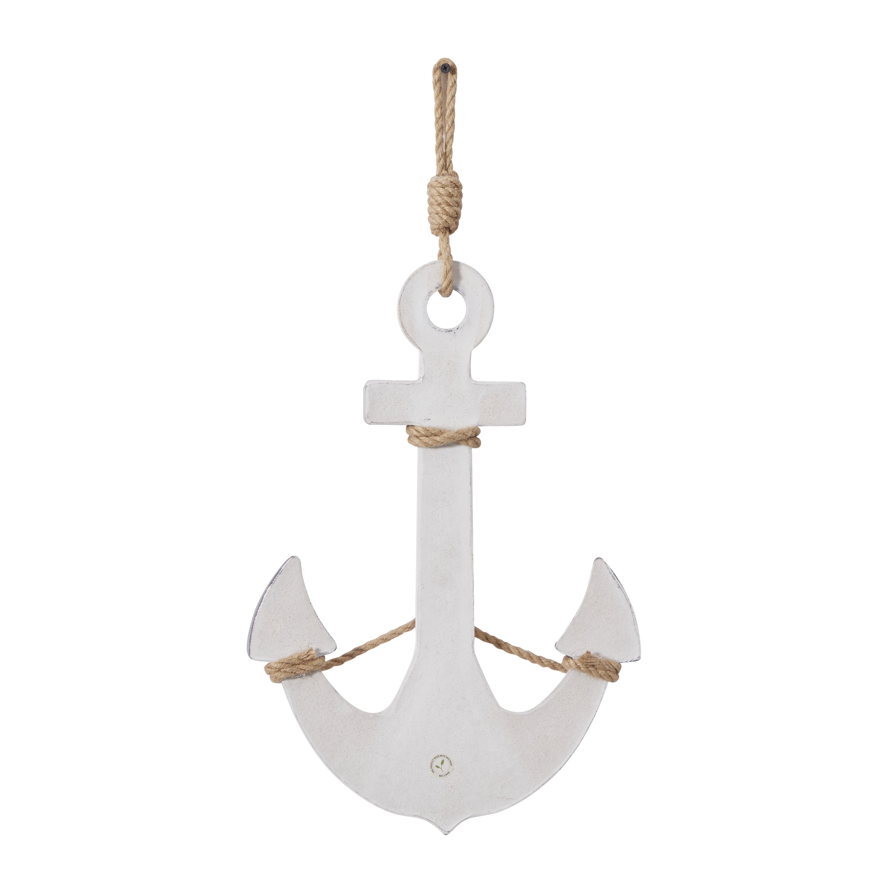 White Wooden Anchor Wall Decor with Hanging Rope