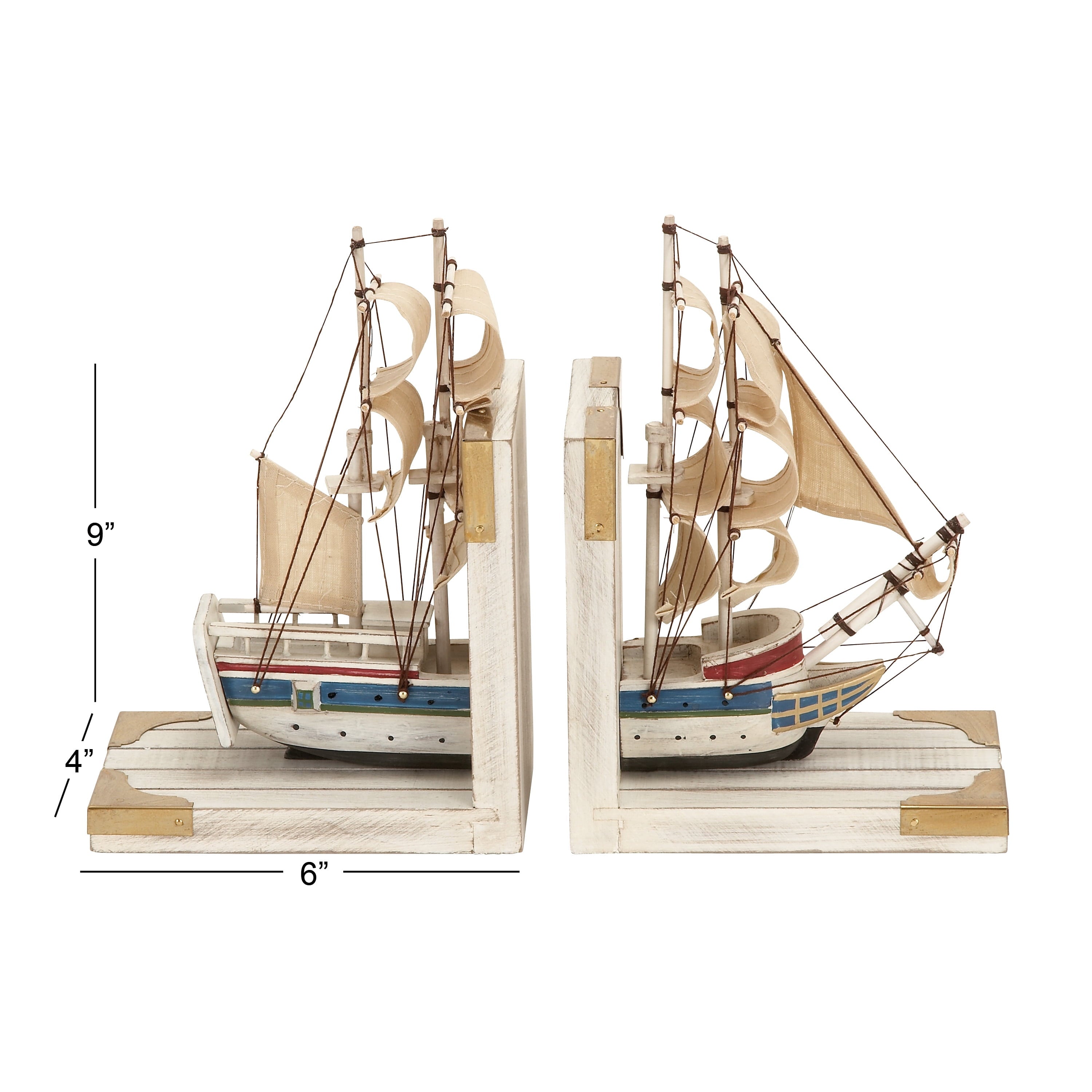 6" Sail Boat White Wood Bookends with Real Boat Rigging and Gold Corners (Set of 2)