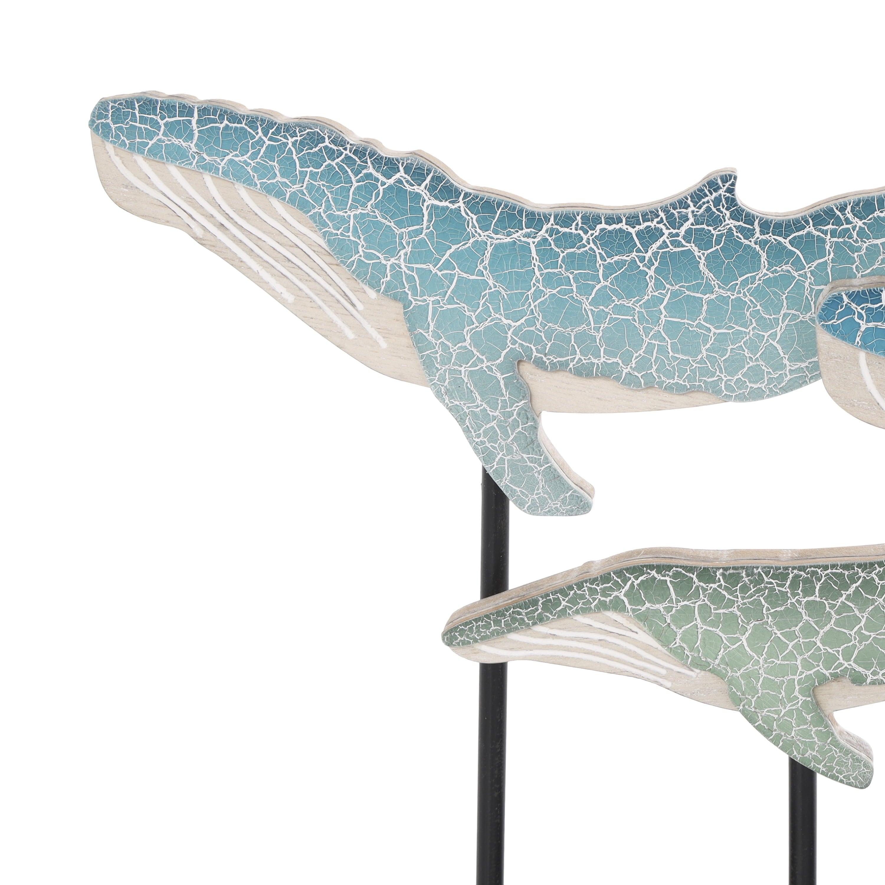 Blue Wooden Textured Whale Sculpture with Black Metal Stand - 20" X 12"