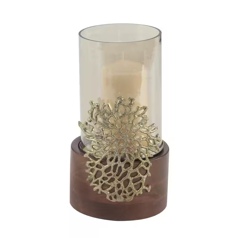 12 In. Smoked Beige Glass and Brown Mango Wood Hurricane Candle Holder with Gold Coral Accent