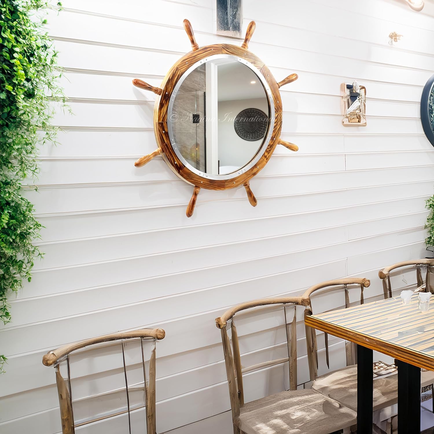 Wooden Antique Brown Torched Santorini Beautiful Nautical Sturdy Large Mirror Ship Wheel | Bathroom & Room Wall Mounted Mirrors (24 Inches)