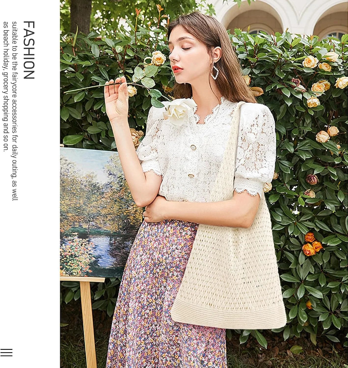 Crochet Bag for Women, Crochet Tote Summer Bag Mesh Large Shoulder Bag (Beige 14 X 10 X 26.5In)