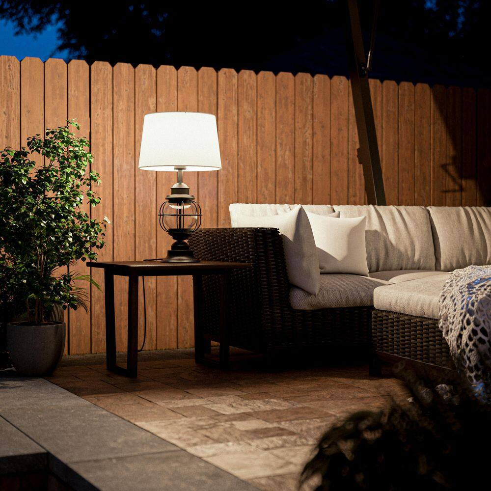 Summerwalk 28 In. Black Outdoor/Indoor Table Lamp with Off-White Fabric Shade