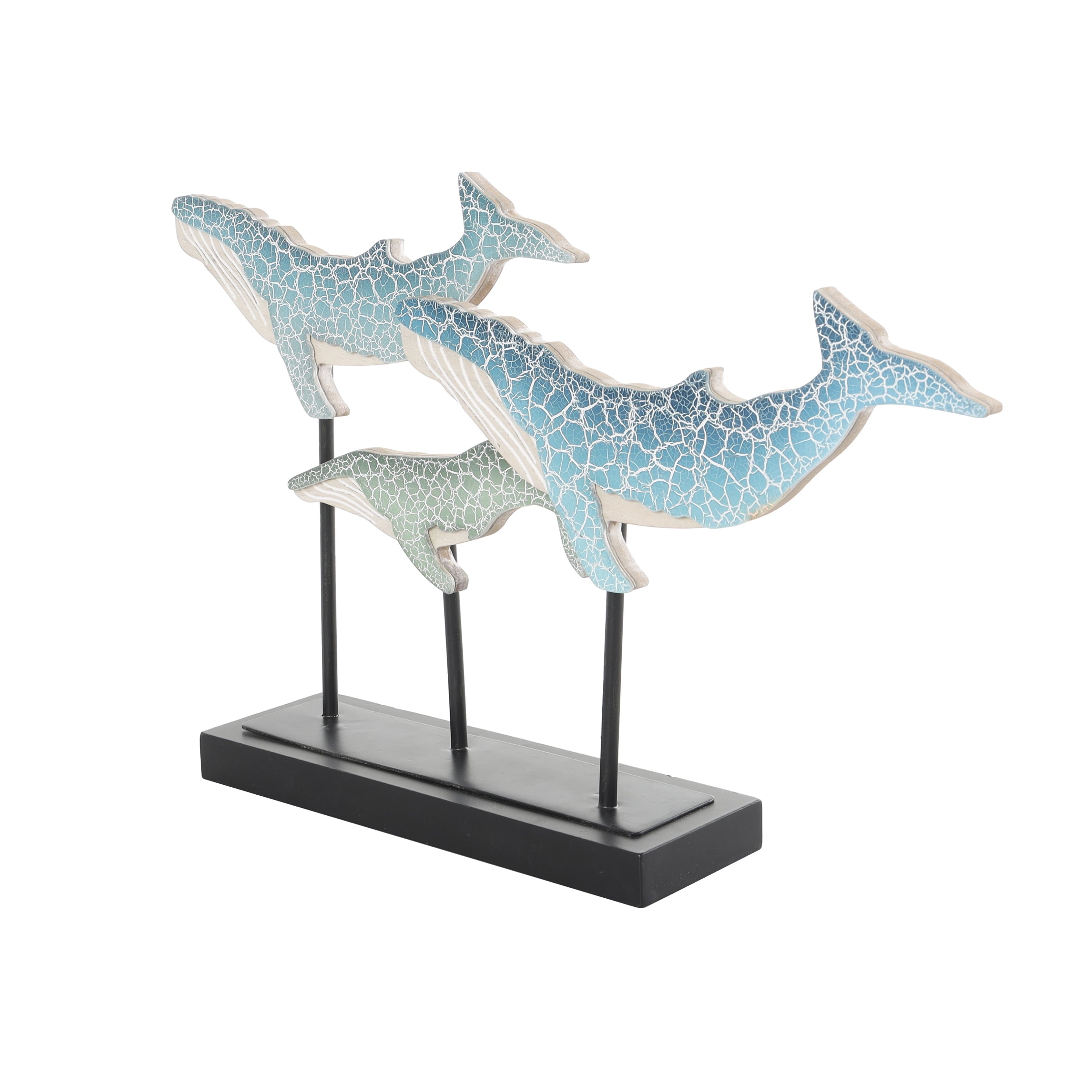 Blue Wooden Textured Whale Sculpture with Black Metal Stand - 20" X 12"