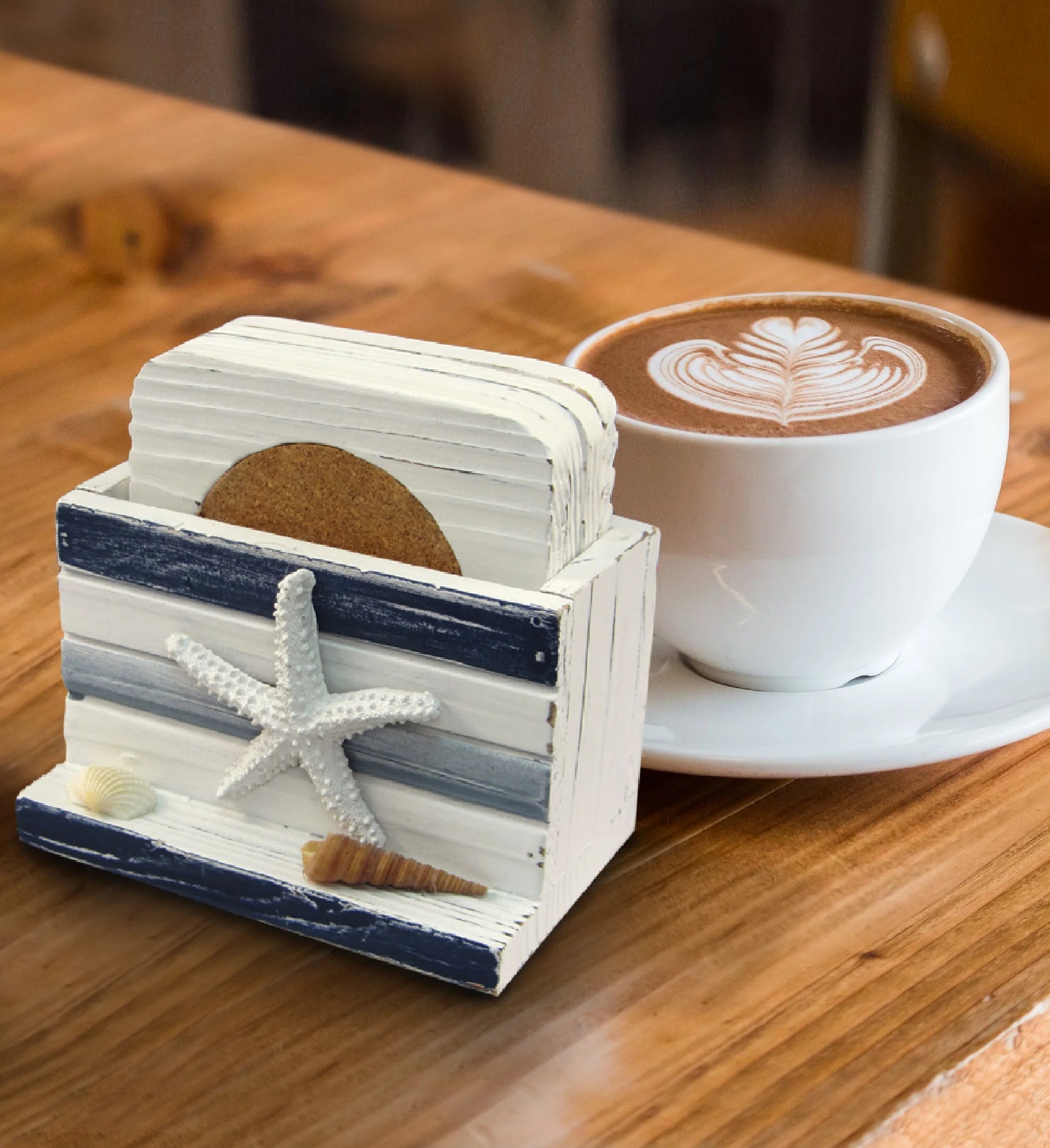 White and Blue Stripes Wooden Nautical Coasters - Tabletop Wooden Coastal Decor for Home, Kitchen, Bar, Beach Themed Gifts Square Coasters Set of 4, Handmade Drink Coasters with Holder