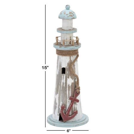 White Wood Light House Sculpture - 6 In. X 15 In. 