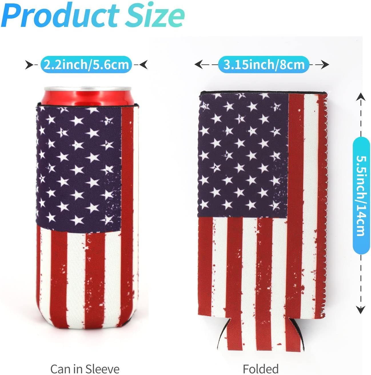 Slim Can Cooler (2Pack) - American Flag - Fits 12Oz Slim Cans - Keeps Drinks Cool & Hands Dry