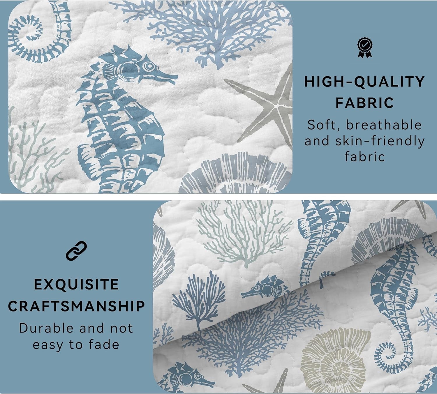 Coastal Bedding Quilt Queen Size W/ 2 Shams Nautical Beach Bedspreads Light Blue