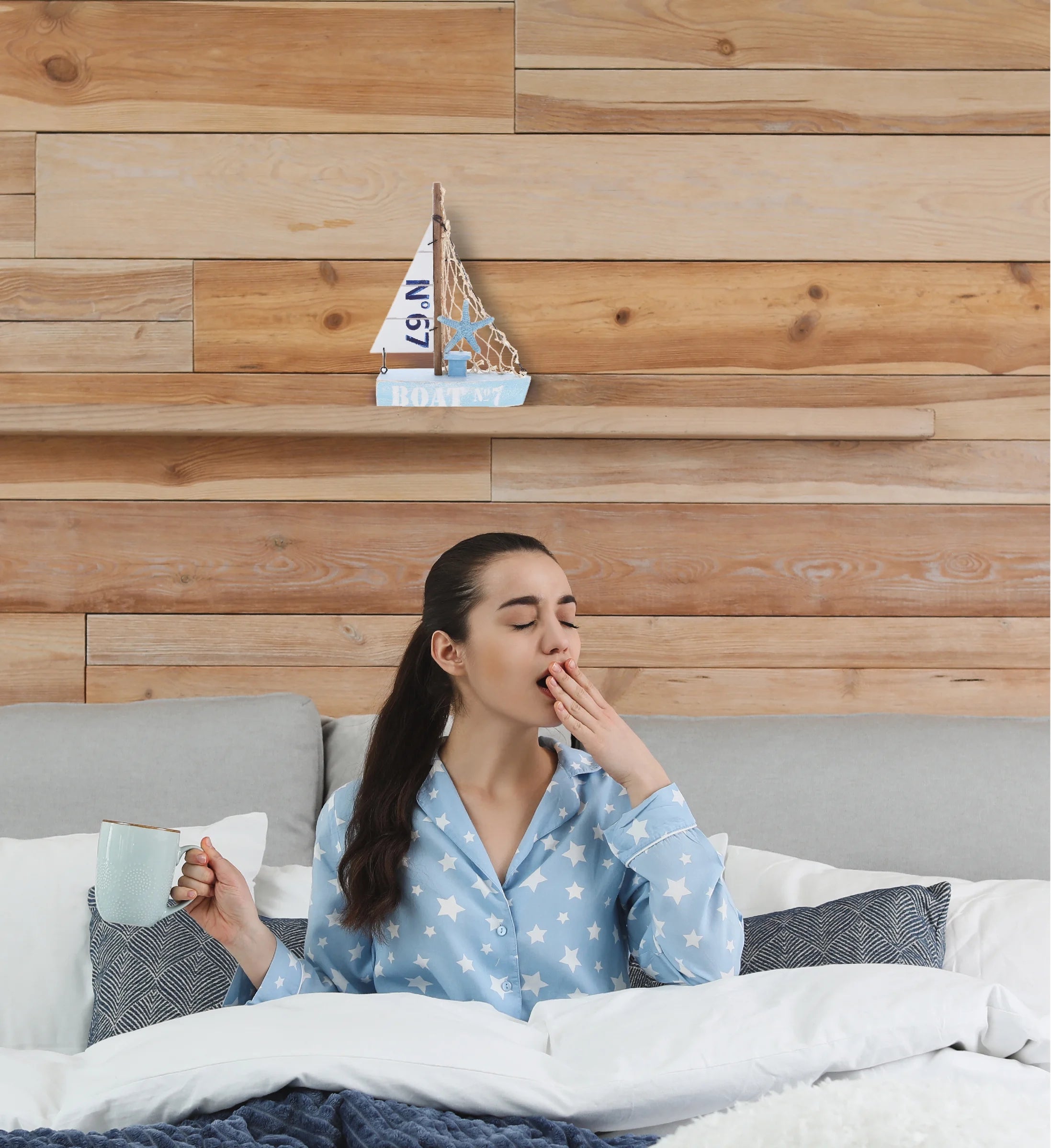 Blue Sailboat Decor – Handmade Wooden Boat Decor, Beach Style Model Sail Boat Decorations, Nautical Themed Table Top Decor Living Room Centerpiece - 8 Inch