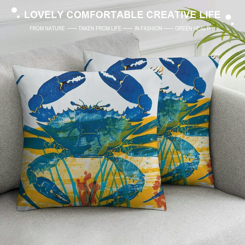 Blue Crab Coastal Premium Indoor/Outdoor Pillowcase Patio Decoration Watercolor Marine Decoration Marine Life Armchair Pillowcase 18" X 18" Blue Crab