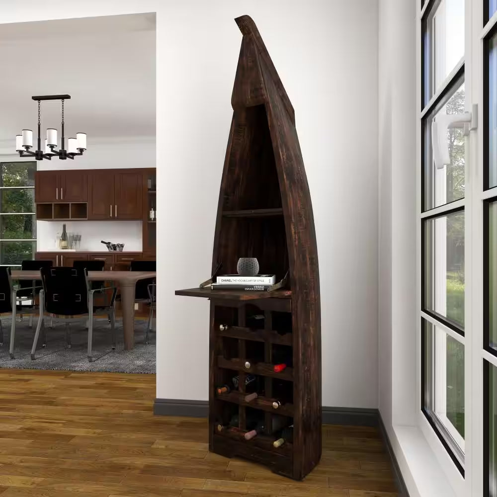 12-Bottle Brown Boat Standing Wine Rack with Foldable Tray