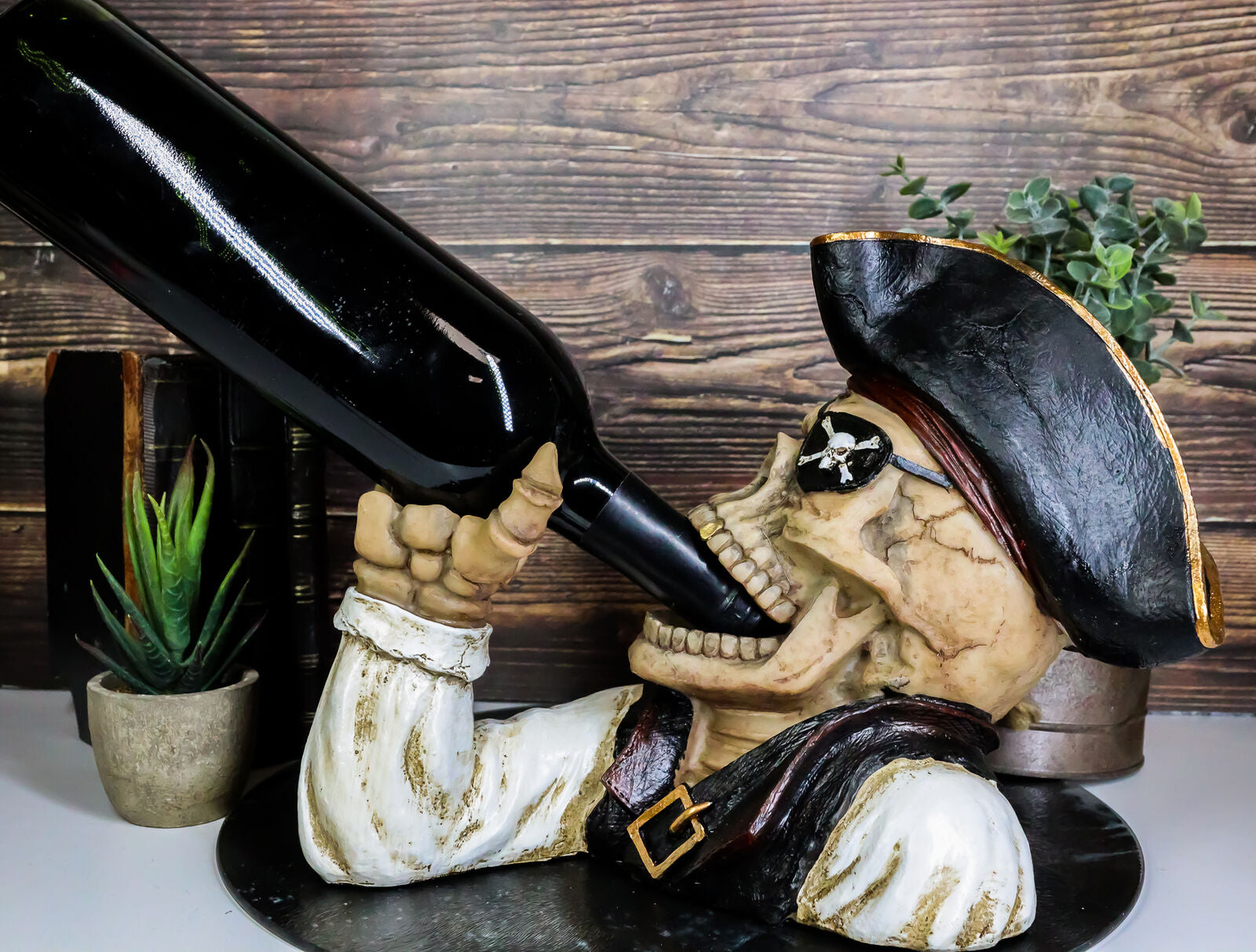 Polyresin Wicked Pirate Captain Hook Skeleton Wine Bottle Holder 8" Tall