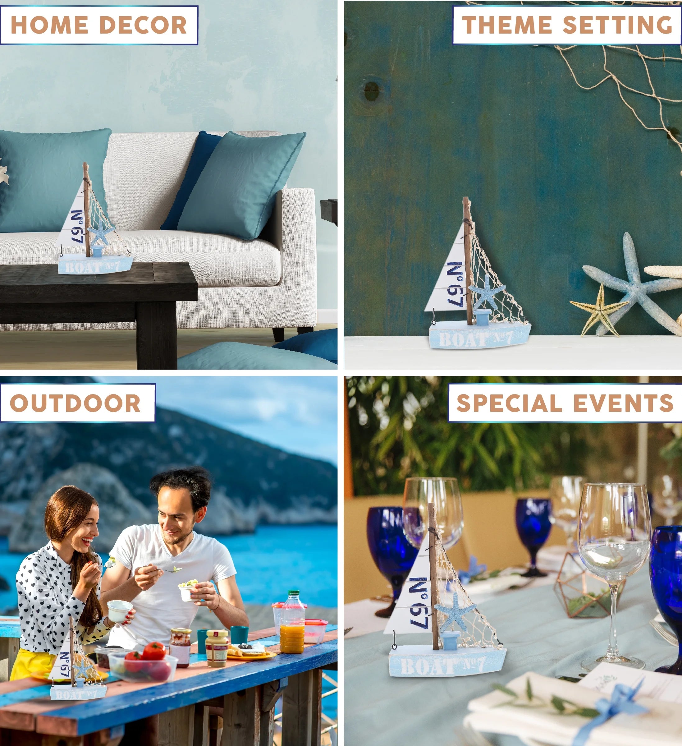 Blue Sailboat Decor – Handmade Wooden Boat Decor, Beach Style Model Sail Boat Decorations, Nautical Themed Table Top Decor Living Room Centerpiece - 8 Inch