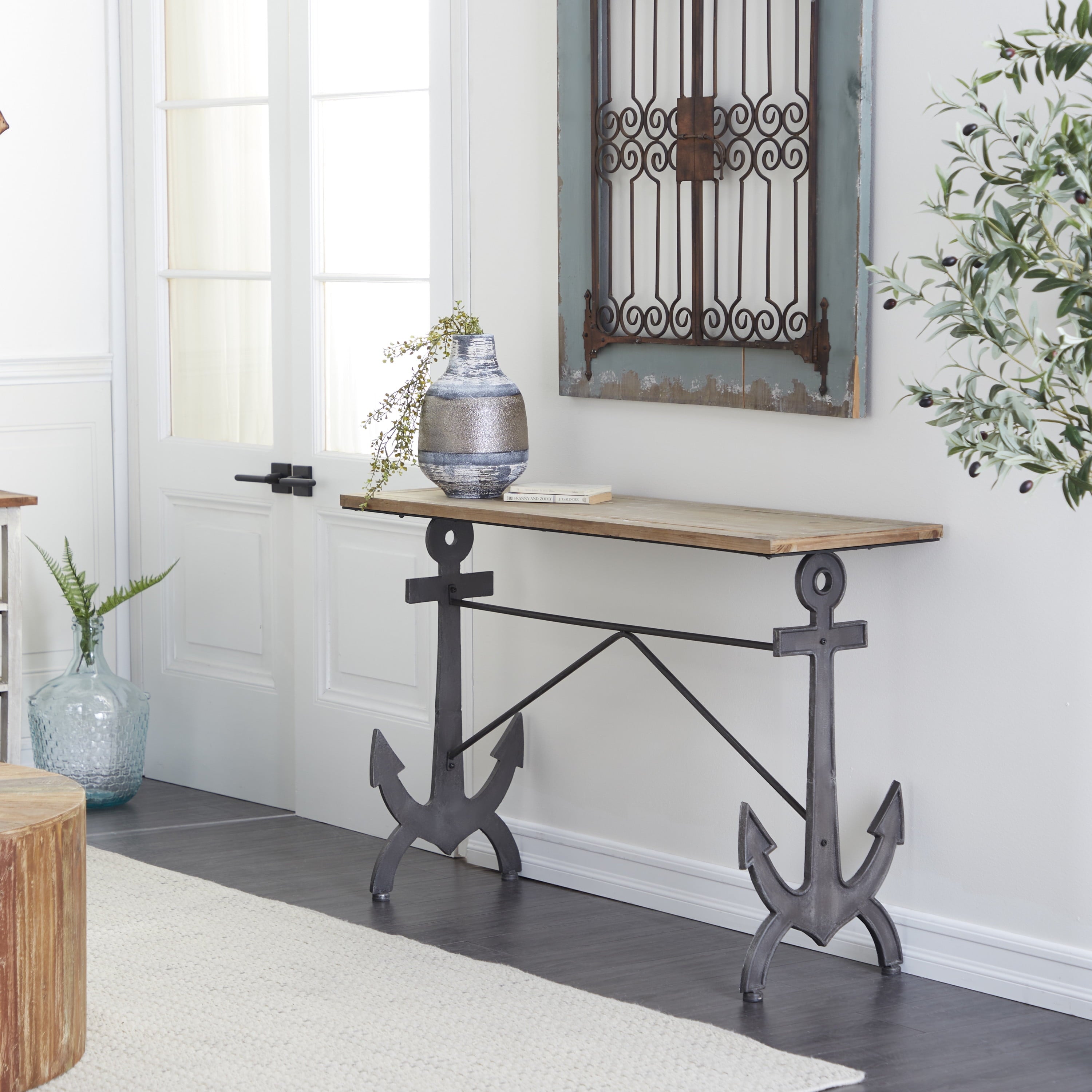 Brown/Black Coastal Rectangular Metal Console Table with Metal Anchor Shaped Base, 48"W X 31"H