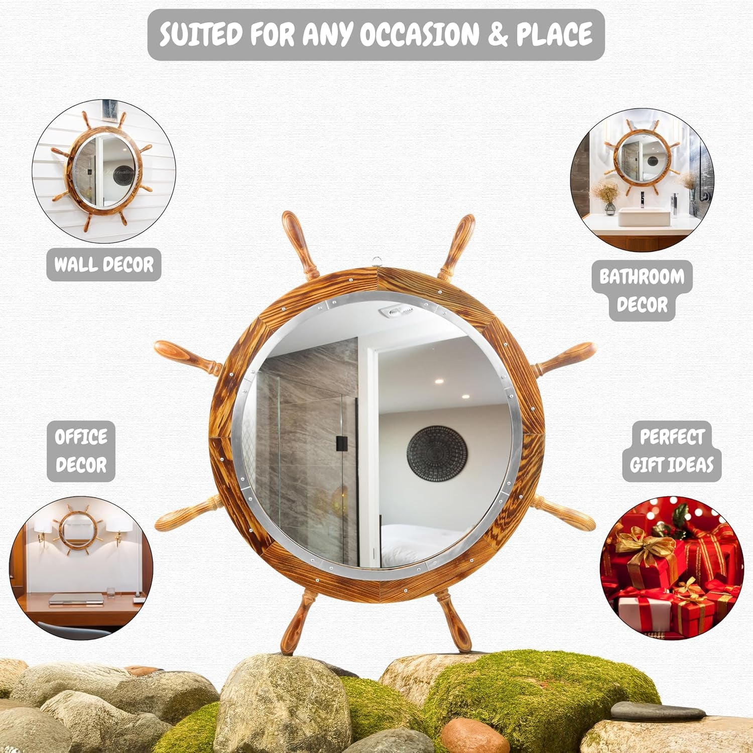 Wooden Antique Brown Torched Santorini Beautiful Nautical Sturdy Large Mirror Ship Wheel | Bathroom & Room Wall Mounted Mirrors (24 Inches)
