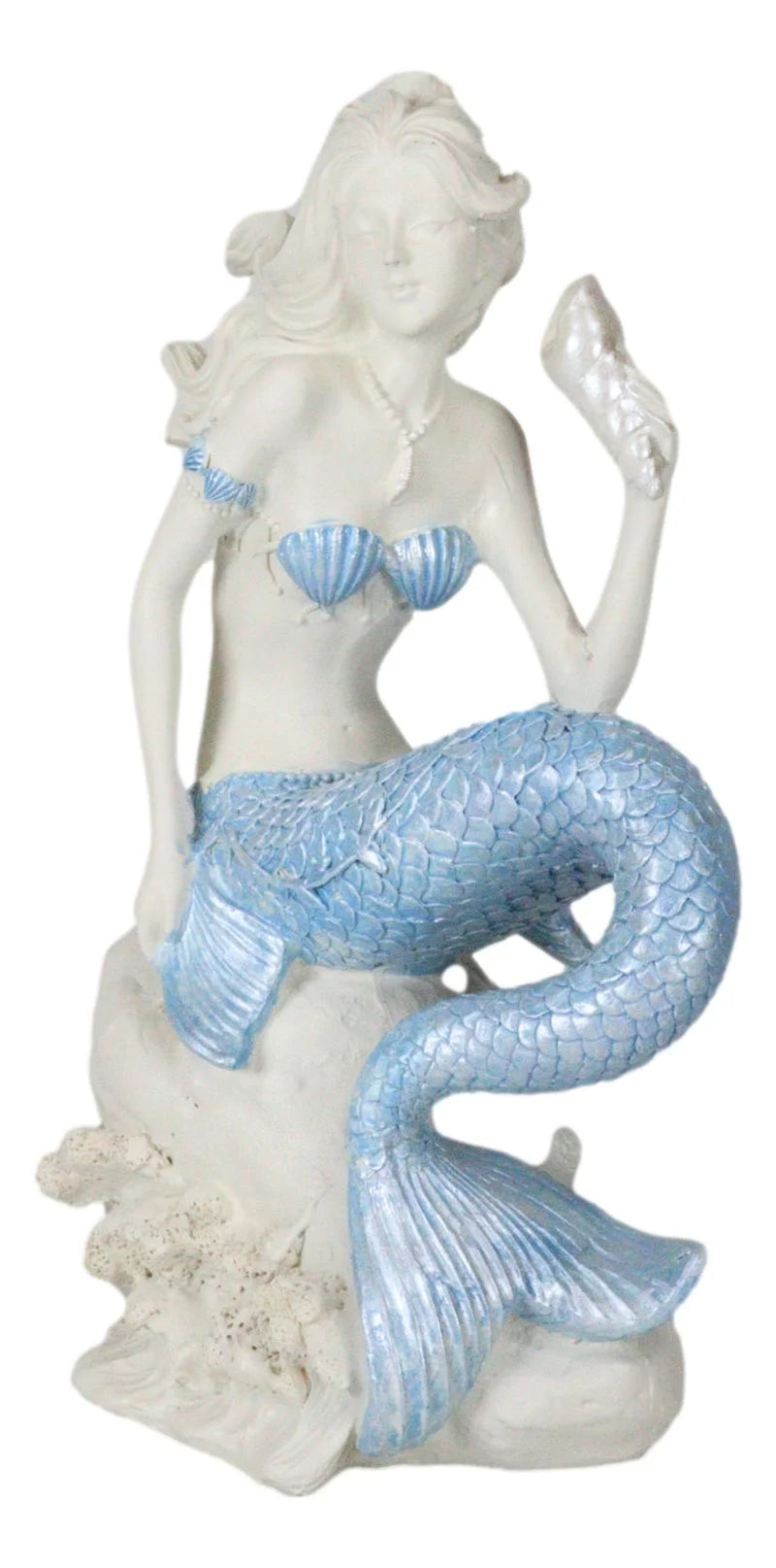 Ocean Goddess Pretty Mermaid with Blue Tail Holding Conch 8"Tall Figurine