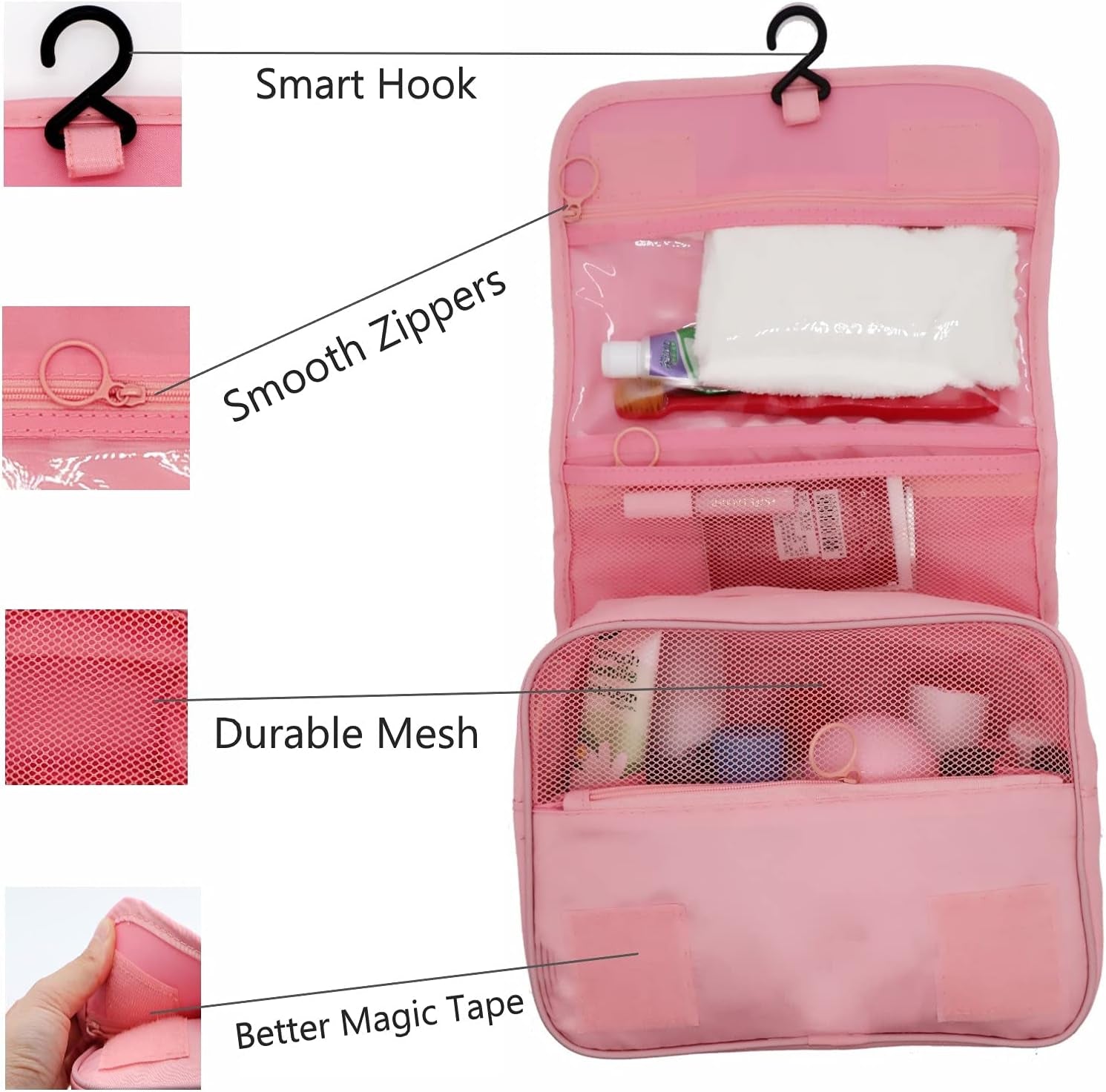 Hanging Toiletry Bag - Large Cosmetic Makeup Travel Organizer for Men & Women with Sturdy Hook (Pink)