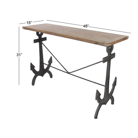 Brown/Black Coastal Rectangular Metal Console Table with Metal Anchor Shaped Base, 48"W X 31"H