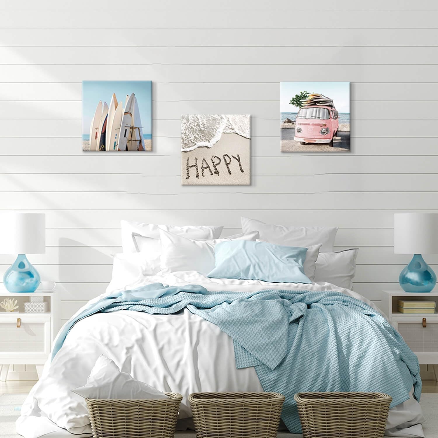 Beach Wall Decor Costal Canvas Wall Art Pictures Surfboards & Pink Car on Sand Artwork Canvas Painting for Living Room Seashell Beach Pictures Canvas Wall Art for Bathroom( 16” X 16'' X 3 Panels )