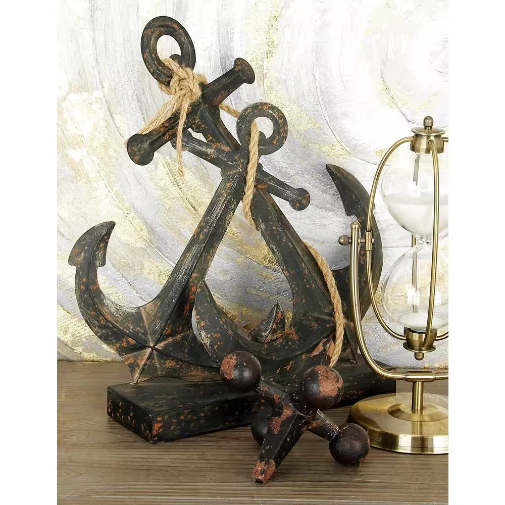 5 In. X 16 In. Black Metal Anchor Sculpture with Jute Rope Accents