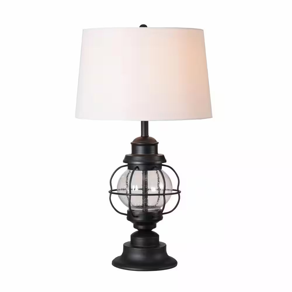Summerwalk 28 In. Black Outdoor/Indoor Table Lamp with Off-White Fabric Shade
